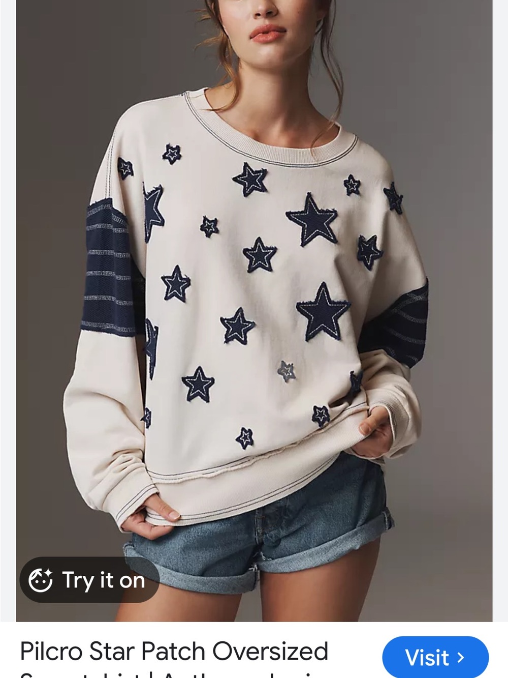 Pilcro Star Patch Oversized Sweatshirt in Cream and Navy